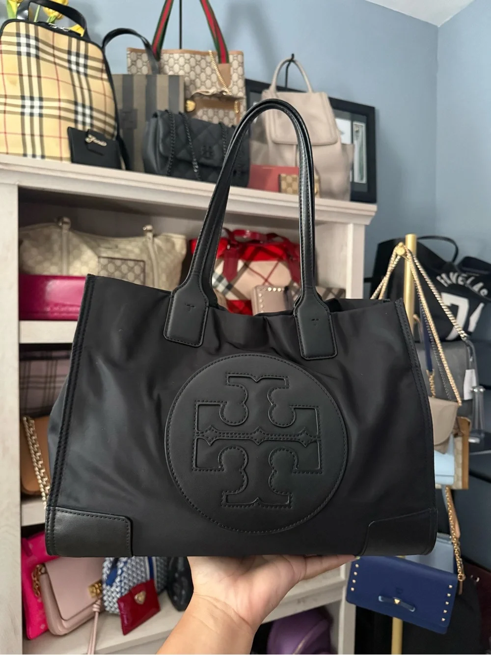 Tory Burch Black Nylon Logo Tote with Leather Trim